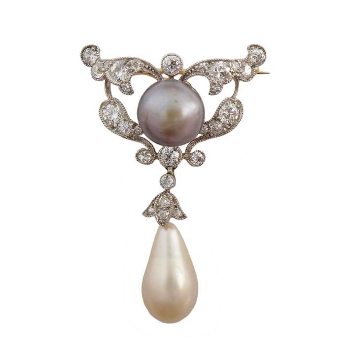 Art Nouveau natural drop pearl, coloured pearl and diamond pendant-brooch, c.1900,
